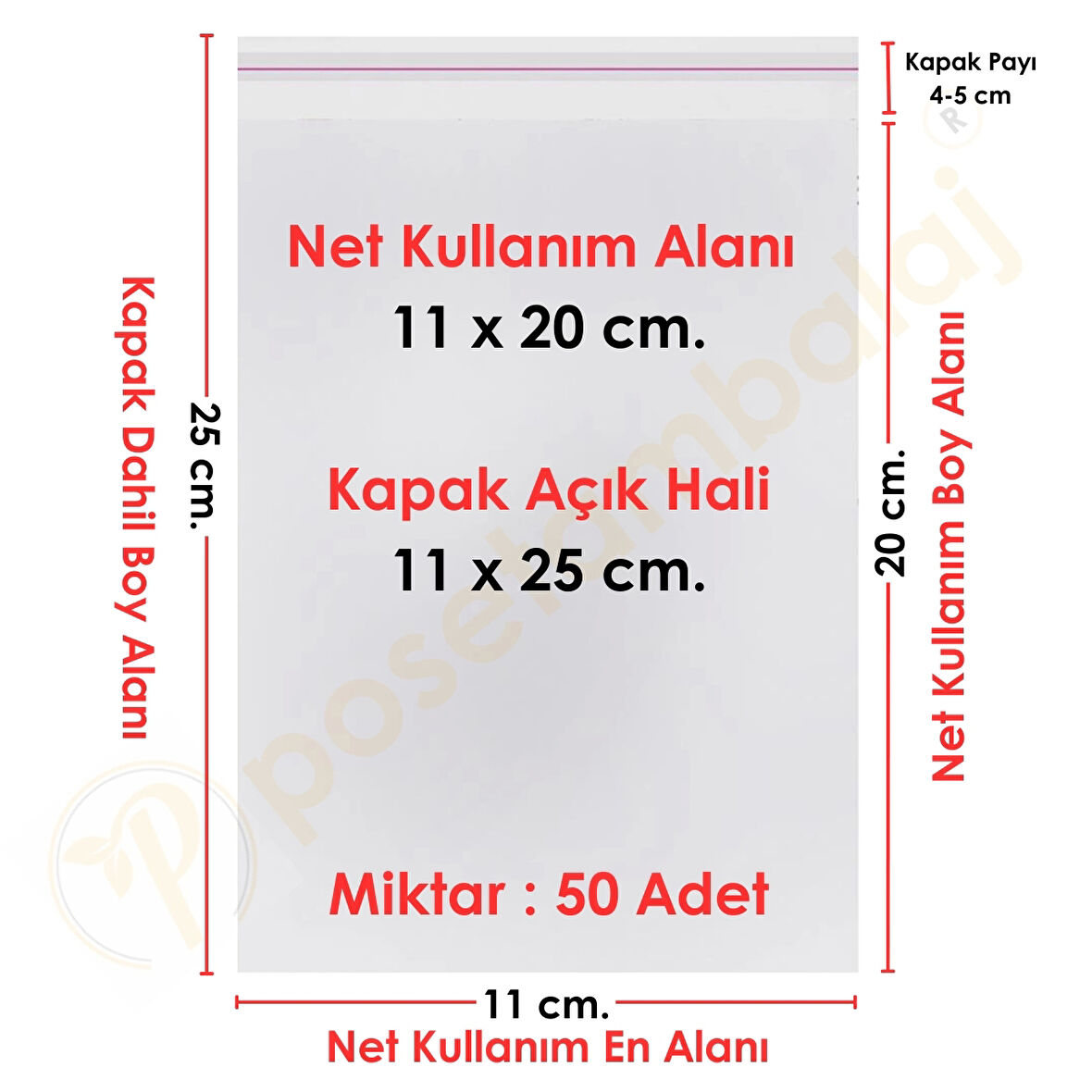 11x20+5 cm.(11x25) 50 Adet Şeffaf Bantlı Yapışkanlı OPP Poşet
