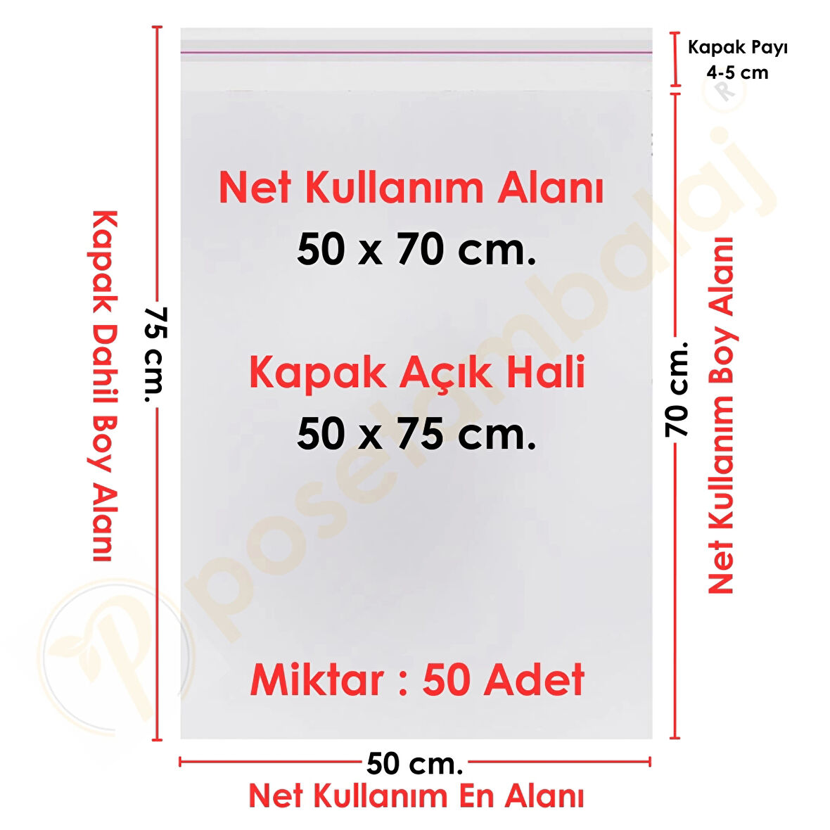 50x70+5 cm.(50x75) 50 Adet Şeffaf Bantlı Yapışkanlı Jelatin Poşet