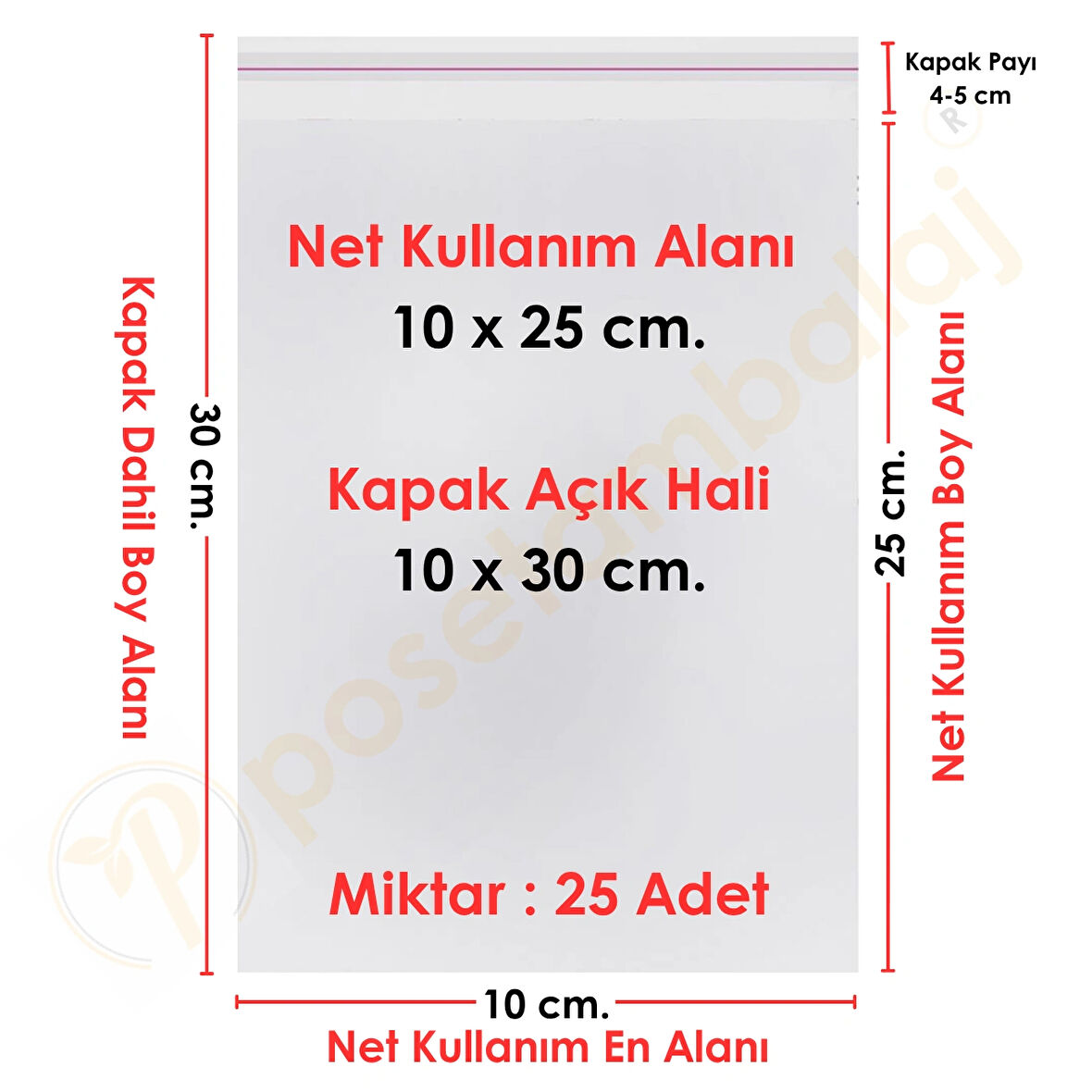 10x25+5 cm. (10*30) 25 Adet Şeffaf Bantlı Yapışkanlı Jelatin Poşet
