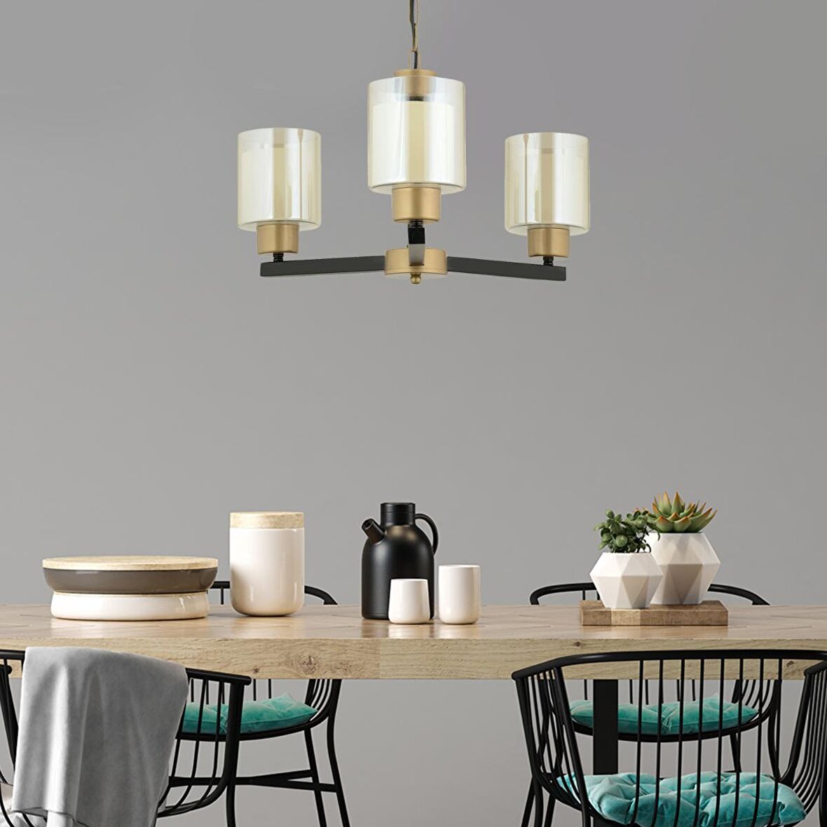 Jade 3 Lü Avize Eskitme Siyah Boyalı Çift Camlı Modern Genç Odası Yatak Odası Retro Salon Avize 