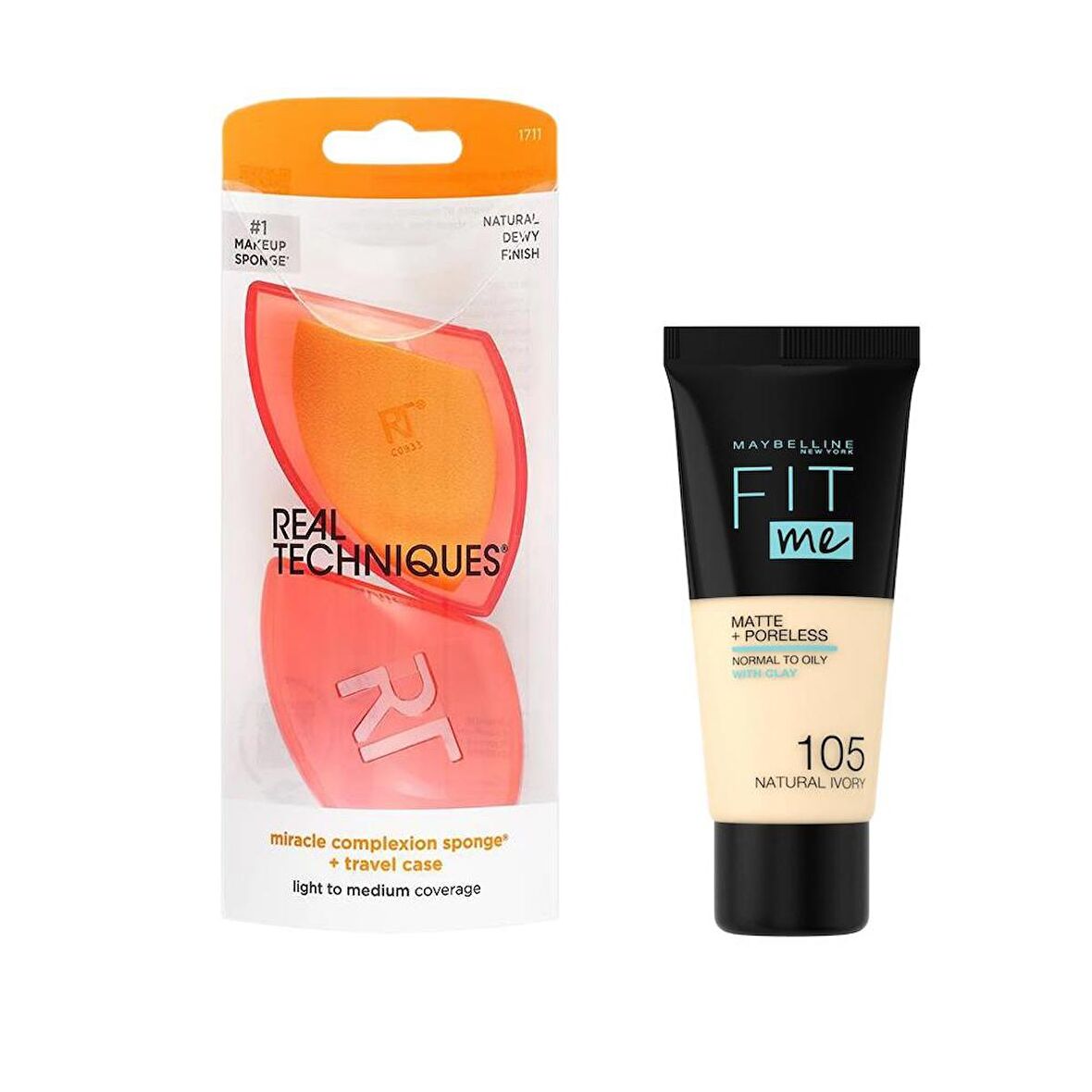 Real Techniques RT-1711 Mucize Makyaj Süngeri ve Maybelline New York Fit Me Matte+Poreless Fondöten 105 Natural Ivory 2li Set