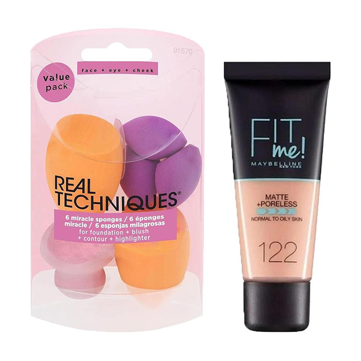 Real Techniques RT-1570 Miracle Ten Makyaj Süngeri 6lı ve Maybelline New York Mat Fondöten Fit Me Matte Poreless Foundation No: 122 2li Set