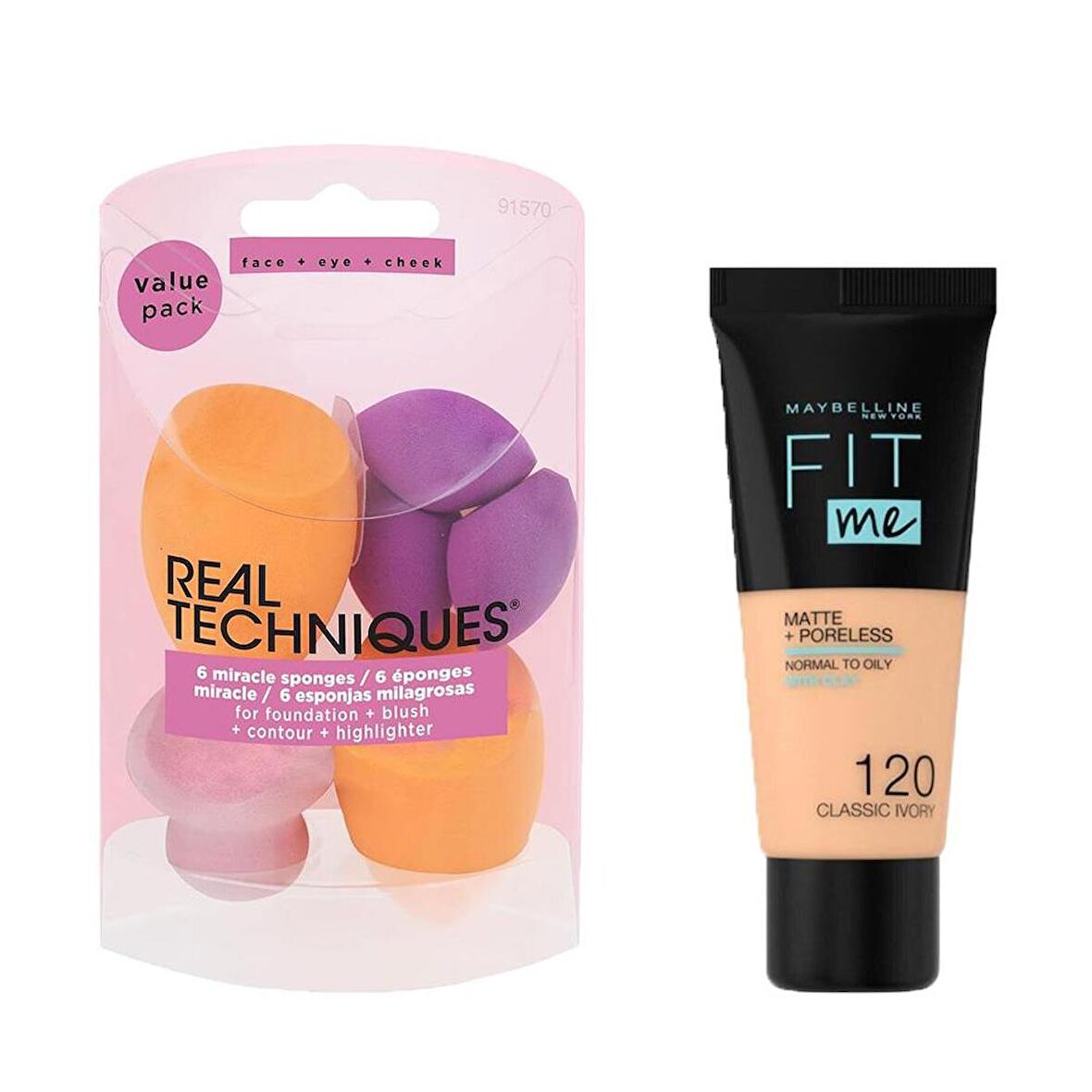 Real Techniques RT-1570 Miracle Ten Makyaj Süngeri 6lı ve Maybelline New York Fit Me Matte+Poreless Fondöten No120 Classic Ivory 2li Set