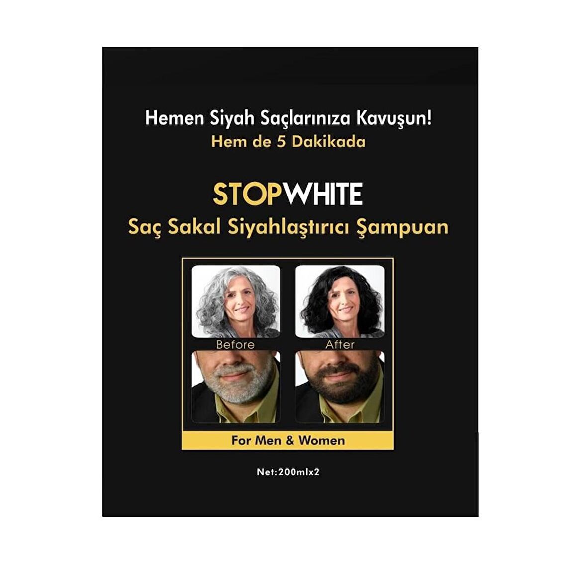 StopWhite Saç Sakal Siyahlaştırıcı Şampuan Seti 400 ml