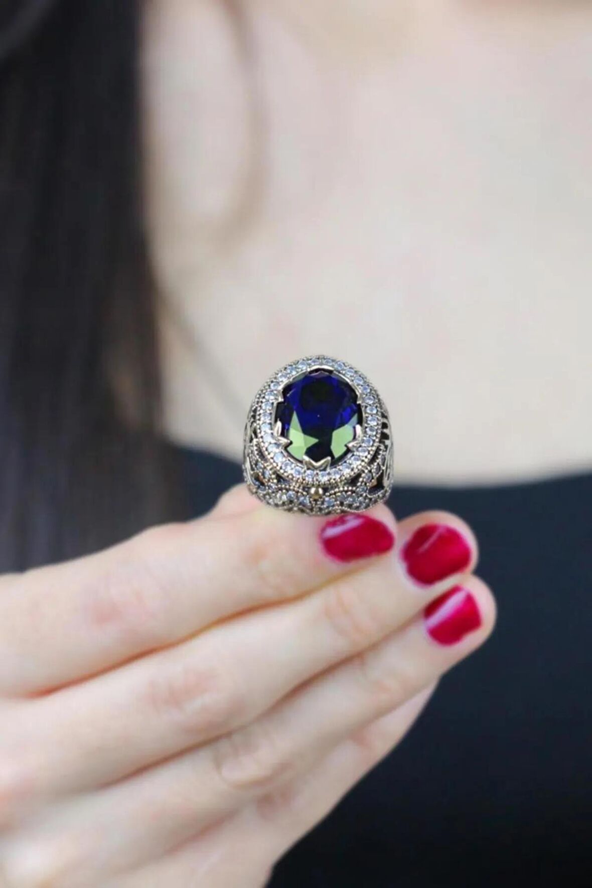 Sultani Serisi Mavi Safir Taşlı Renkli Taş Seçenekli Otantik 925 Ayar Gümüş Kadın Yüzük 