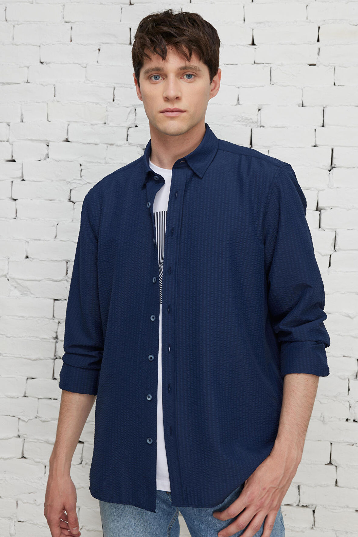 Altınyıldız Classics Slim Fit Düğmeli Yaka Lacivert Erkek Gömlek 4A2023200034