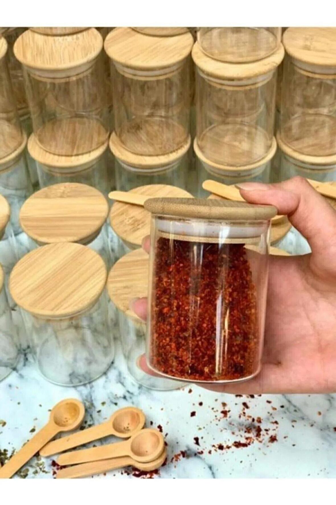 Bambu Kapaklı 12'li Baharatlık Seti - 12 adet kaşık hediyeli