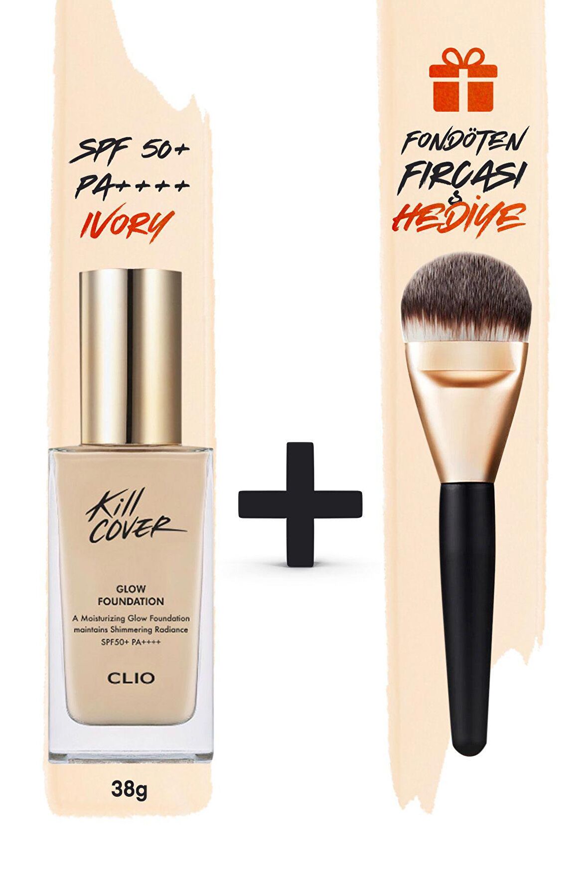 Yoğun Işıltı Sunan Fondöten+Fırça Seti Clio Kill Cover Glow Foundation Set (2.5 Ivory) Spf50+PA++++