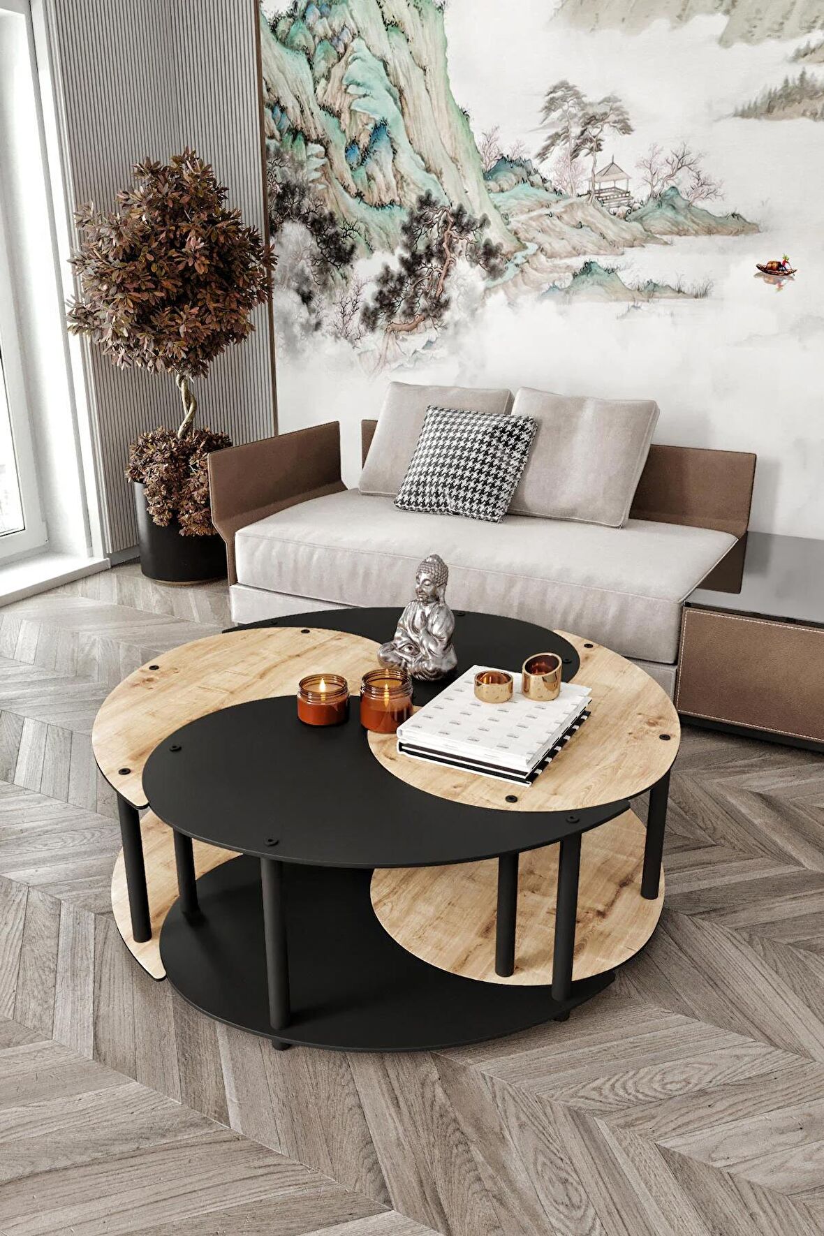 YİN YANG UNITY SERENITY ORTA SEHPA 4 LÜ SAFİR MEŞE SİYAH-100 CM