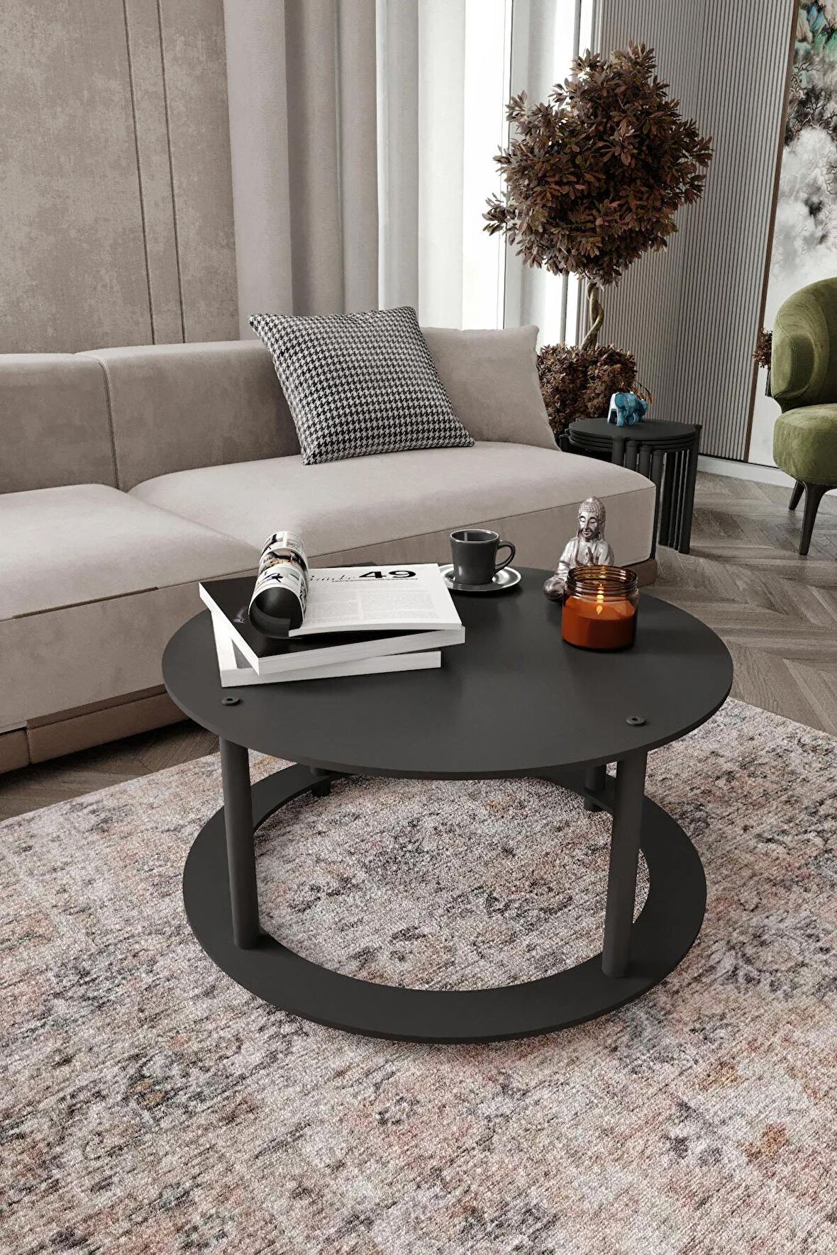 HOLE Masivo Orta Sehpa R:70 CM YUVARLAK MADRAN SİYAH