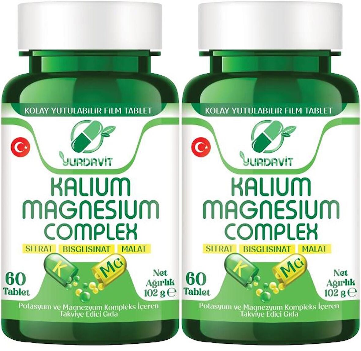 Yurdavit Potassium Magnesium Complex 2x60 Tablet Magnezyum Sitrate Malate Bisglycinate Kompleks 