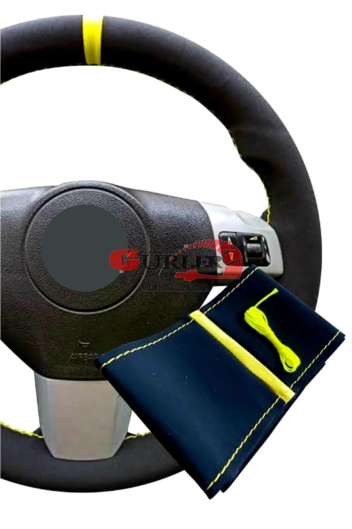 Toyota Corolla 2007-2012 Alkantra Nubuk Dikmeli Direksiyon Kılıfı Sarı Yüzüklü