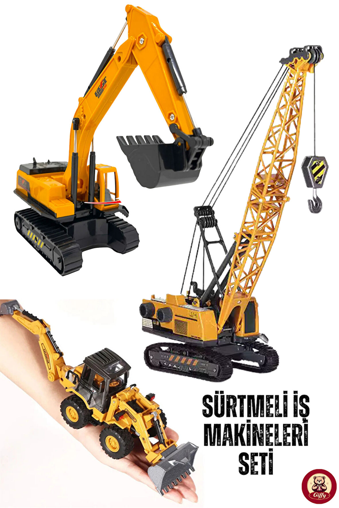 Oyuncak 3'lü İş Makineleri Seti Ekskavatör Kule Vinç Bulldozer ve Kepçe Bir Arada Full Metal Başlık