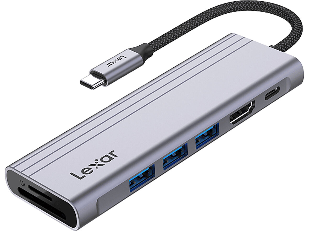 LEXAR LPAH31N-RNHNG 7 in 1 USB-C Hub USB 3.2 Gen1 Type-C 3xUSB-A HDMI SD MicroSD Slot PD 100W Dock Station Gri