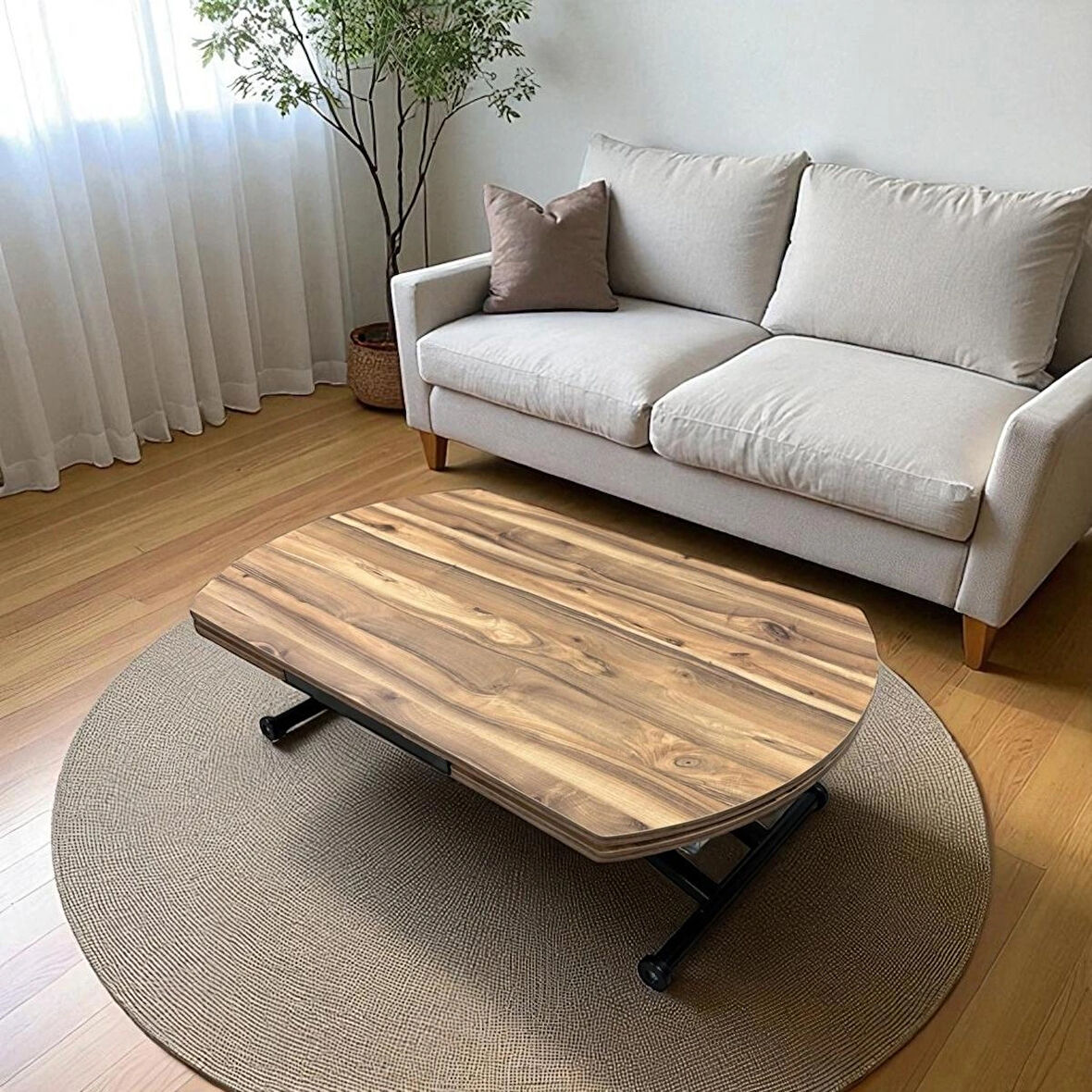 Oval Yan Baştan Açılır Akıllı Masa Üst Mdf Urartu  Alt Ayak Siyah Renk