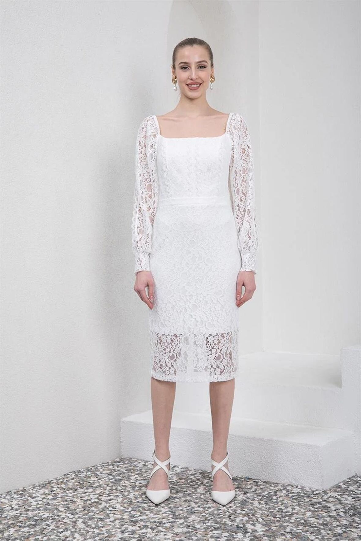 Kare Yaka  Uzun Kollu Dantelli Midi Boy Beyaz Abiye Elbise