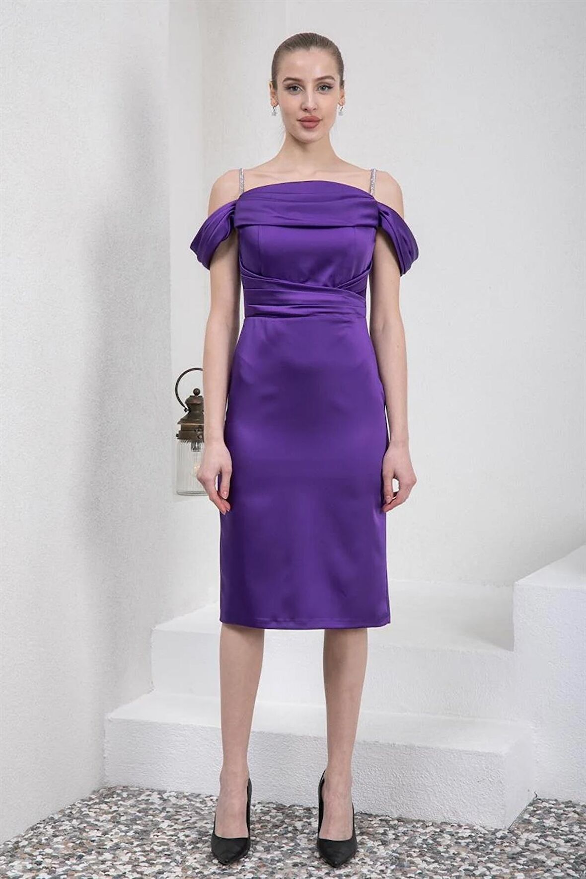 Kayık Yaka Mor Saten Abiye Elbise