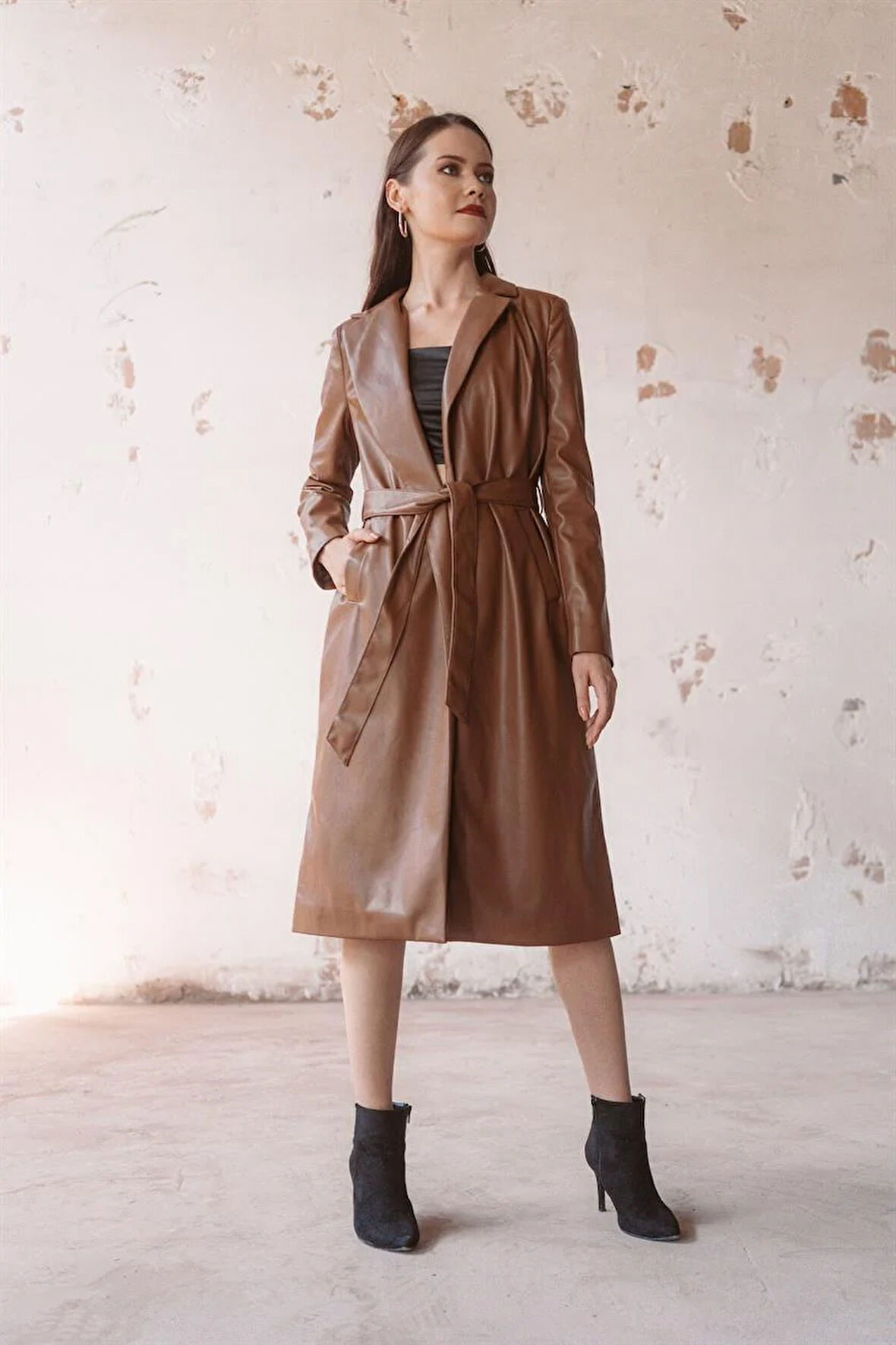 Taba Kemerli Deri Trençkot