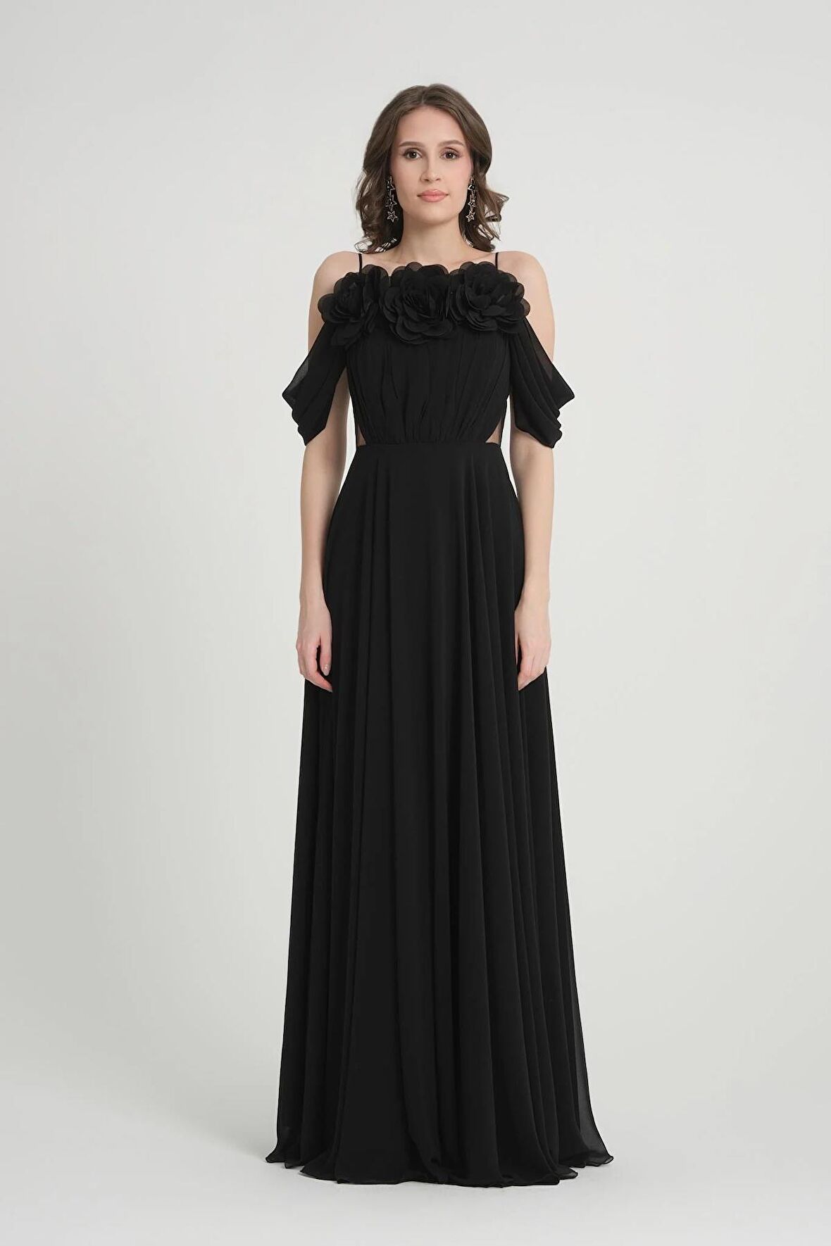 Çiçekli Siyah Abiye Elbise