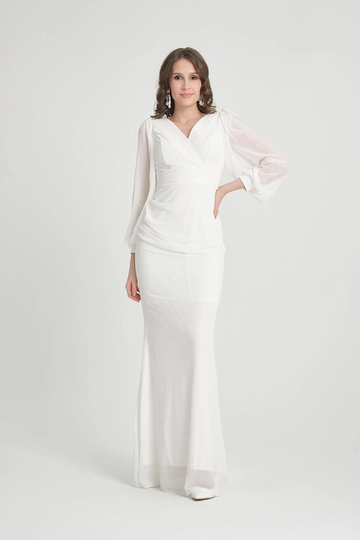 Beyaz Kruvaze Yaka Abiye Elbise