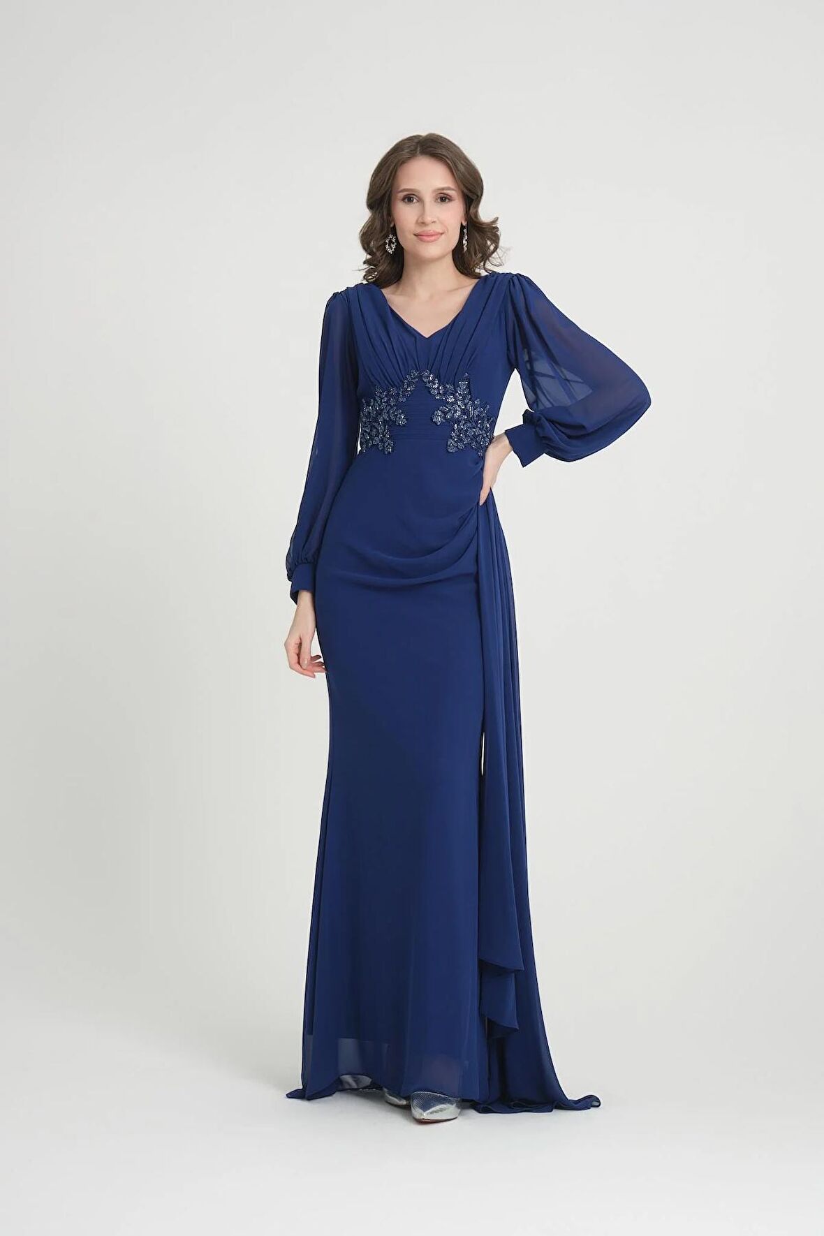 Saks Boncuk İşlemeli Abiye Elbise