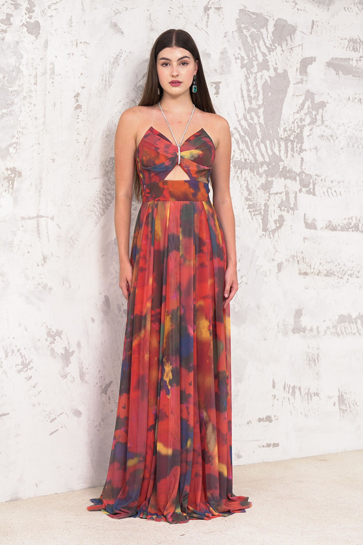 Straplez Taş Askılı Turuncu Abiye Elbise