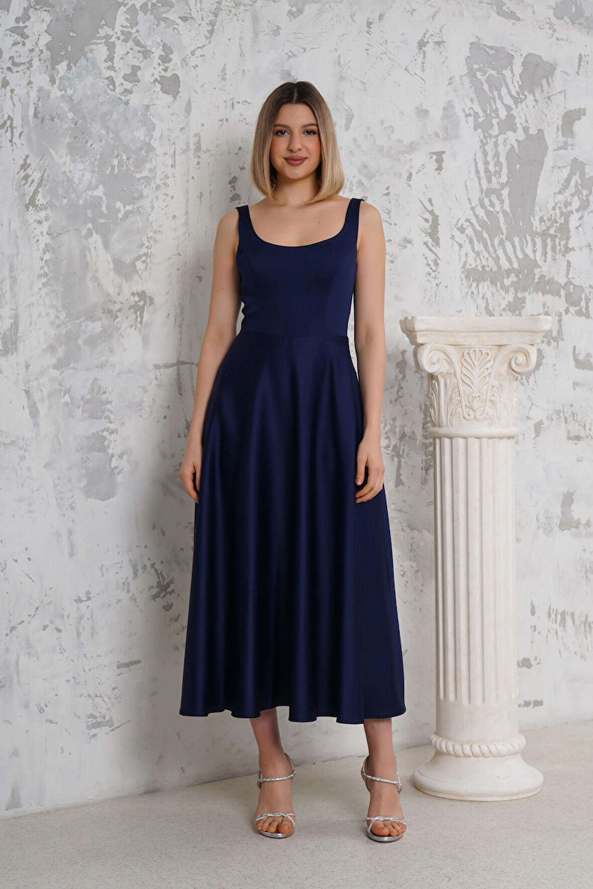 Askılı Lacivert Saten Abiye