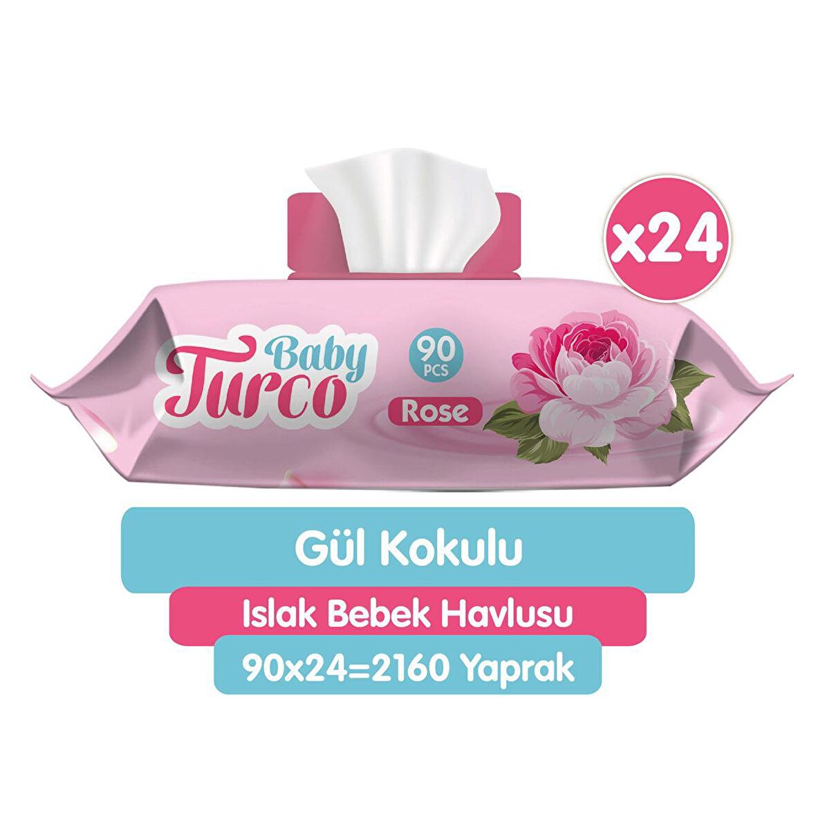 Baby Turco Gül Kokulu Alkolsüz 24 x 90 Yaprak 24 Paket Islak Mendil