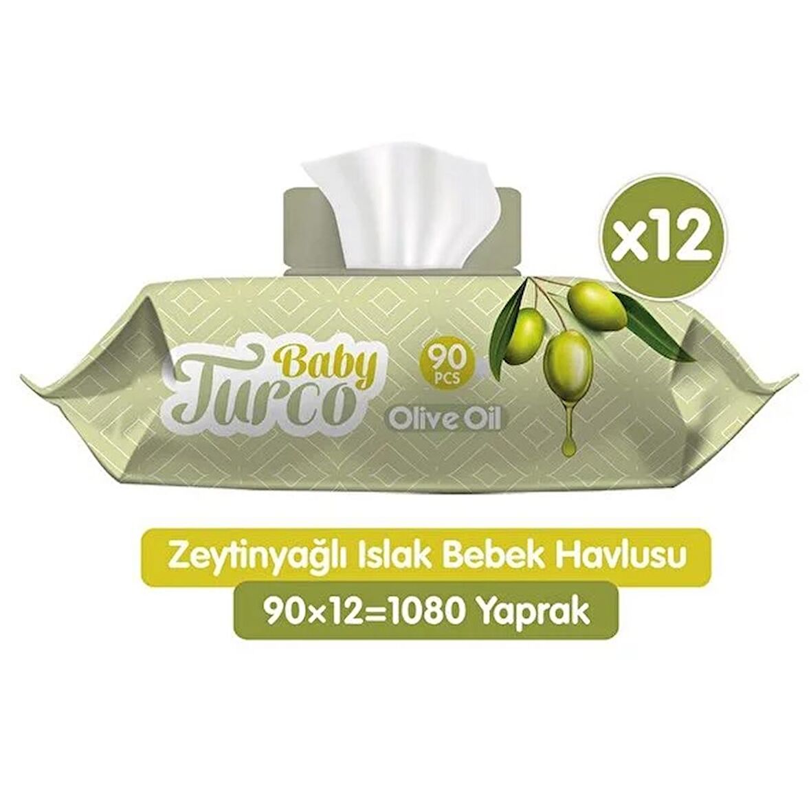 Baby Turco Zeytinyağlı Alkolsüz 12 x 90 Yaprak 12 Paket Islak Mendil