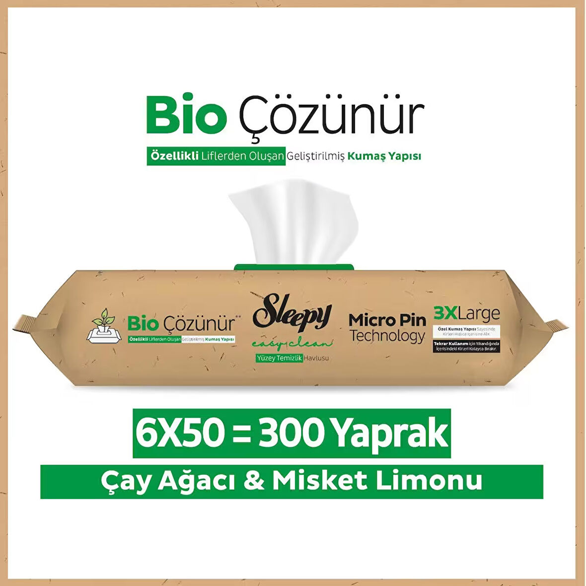 Sleepy Bio Çözünür Yüzey Temizlik Havlusu&Mendili Çay Ağacı&Misket Limonu 6x50 (300 Yaprak)