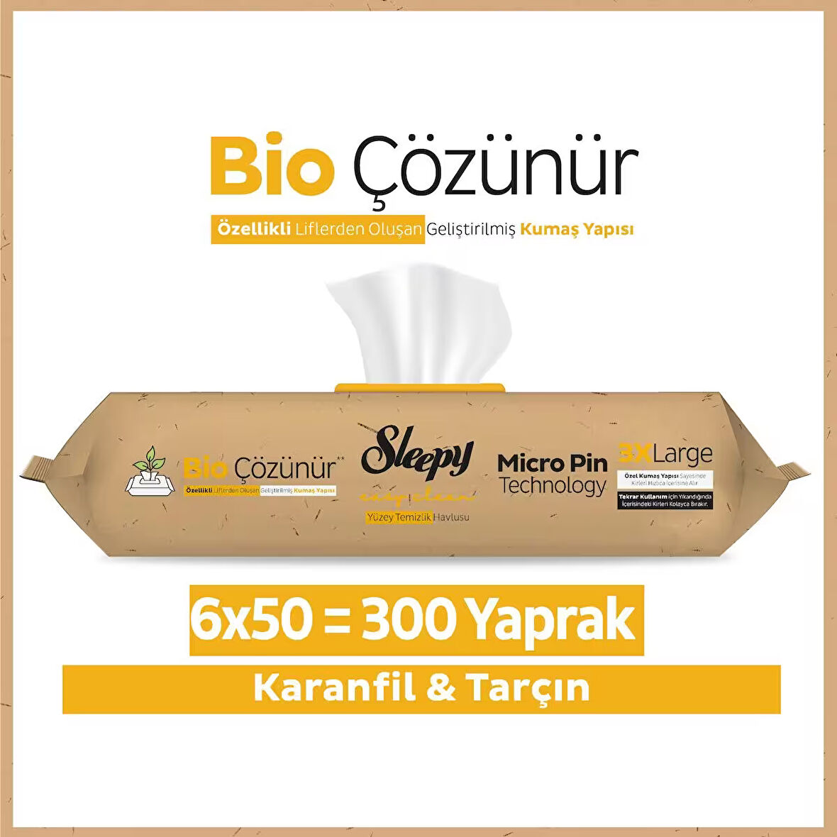 Sleepy Bio Çözünür Yüzey Temizlik Havlusu&Mendili Karanfil&Tarçın 6x50 (300 Yaprak)