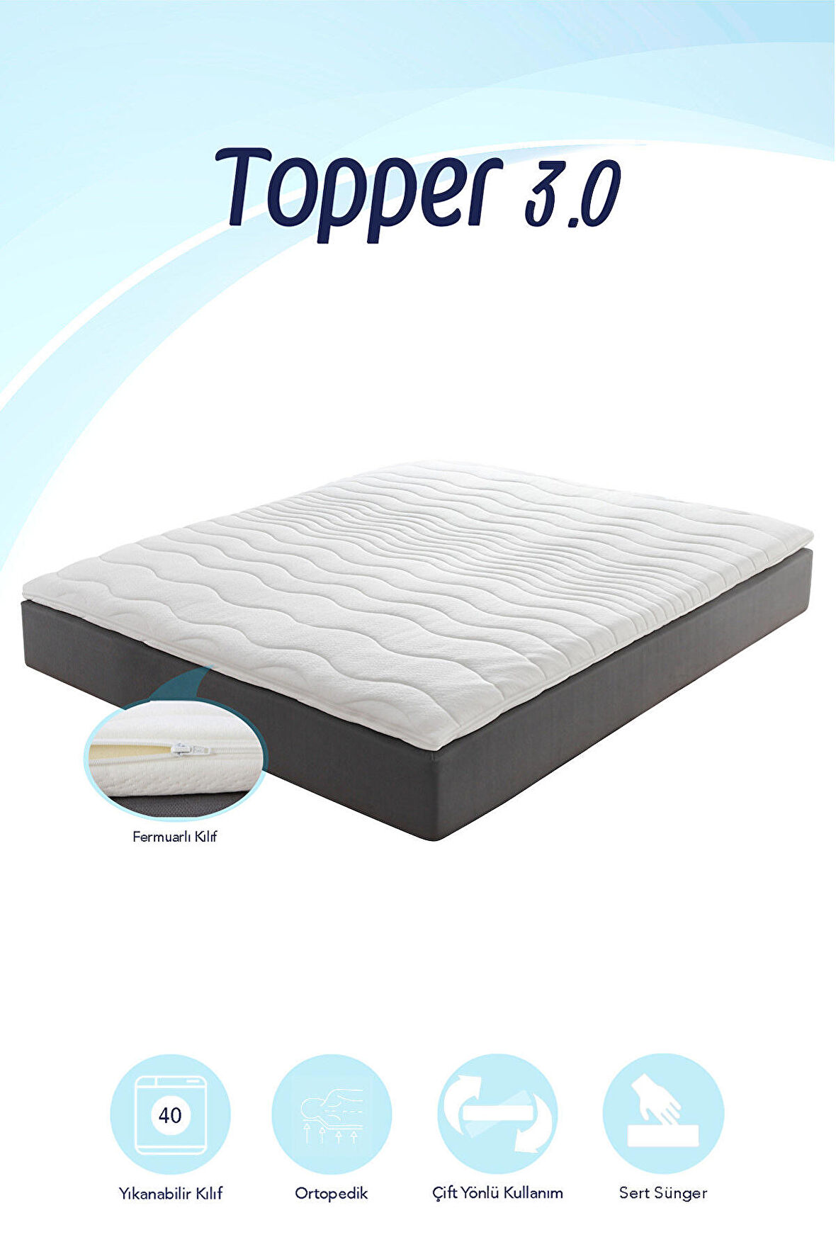 Topper 3.0 - Sert Ortopedik Yatak Pedi - Yatak Sertleştirici - Yıkanabilir Fermuarlı Kılıflı