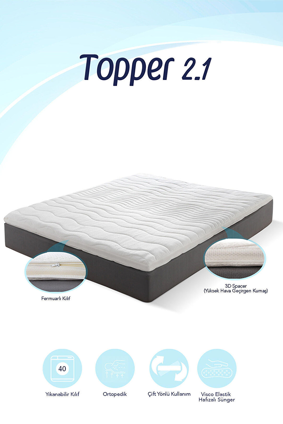 Topper 2.1 - Visco Yatak Pedi - Soft Hafızalı Visco Sünger - Yıkanabilir Kılıflı