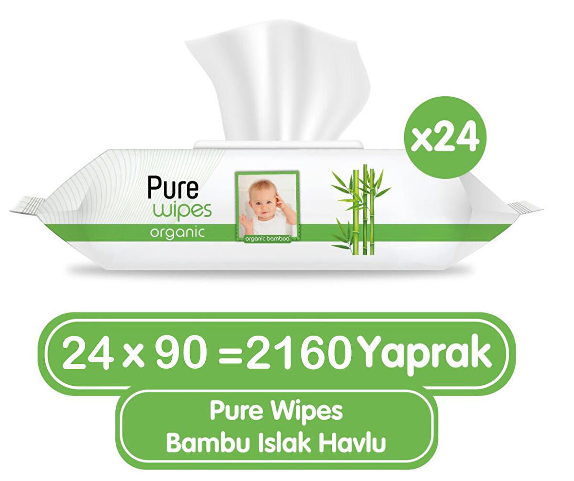 Pure Baby Organik Bambu 90 Yaprak 24'lü Paket Islak Havlu