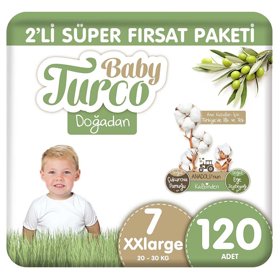 Baby Turco Doğadan 2'li Süper Fırsat Paketi Bebek Bezi 7 Numara Xxlarge 120 Adet