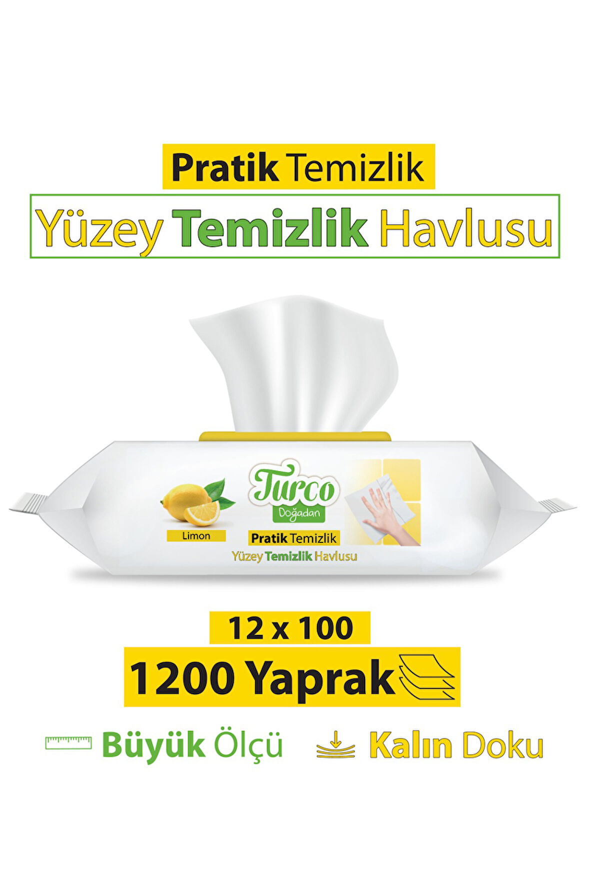 Turco Doğadan Pratik Yüzey Temizlik Havlusu Limon 12x100 (1200 Yaprak)