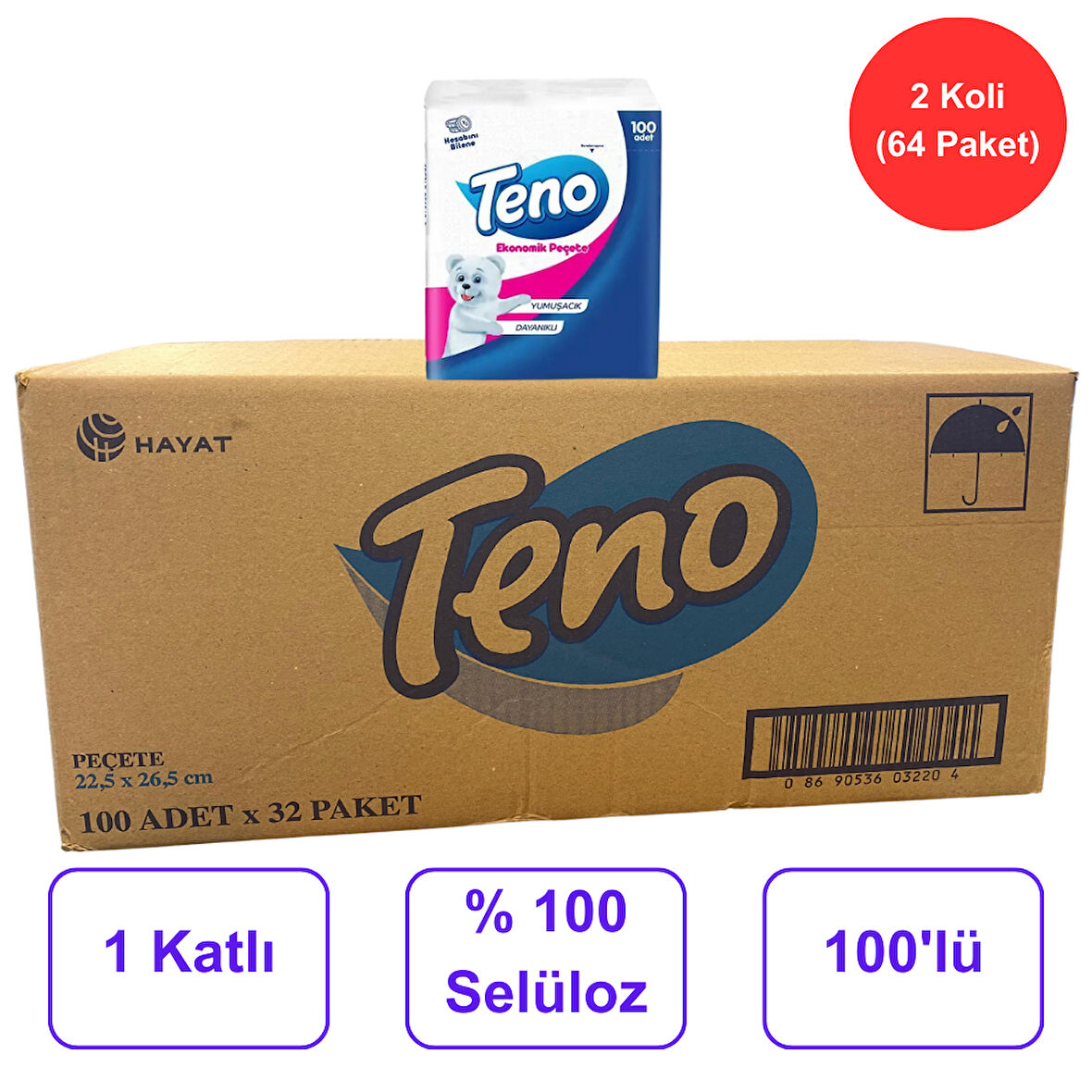 Teno Peçete 22,5 cm. x 26,5 cm. % 100 Selüloz 2 Koli (64 Paket) (50001458)