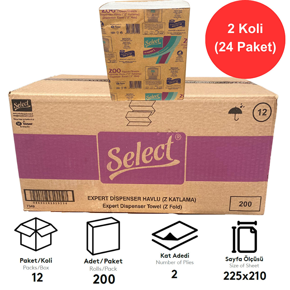 Select Expert Dispenser Z Katlama Kağıt Havlu 21 cm. x 22,5 cm. 200 Yaprak 2 Koli (24 Paket)