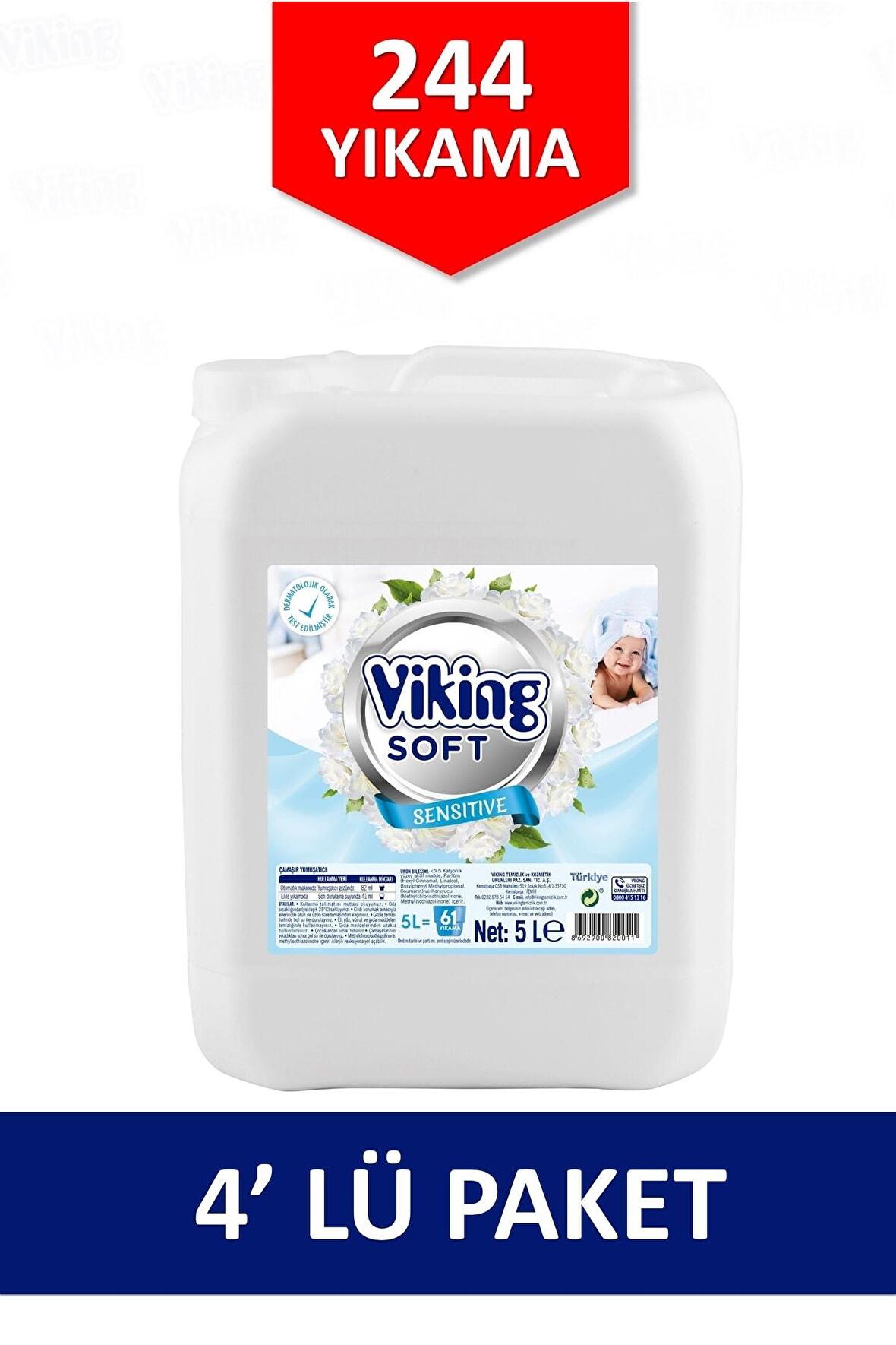 Viking Sensitive Sıvı Deterjan 61 Yıkama Yumuşatıcı 5 lt 4'lü