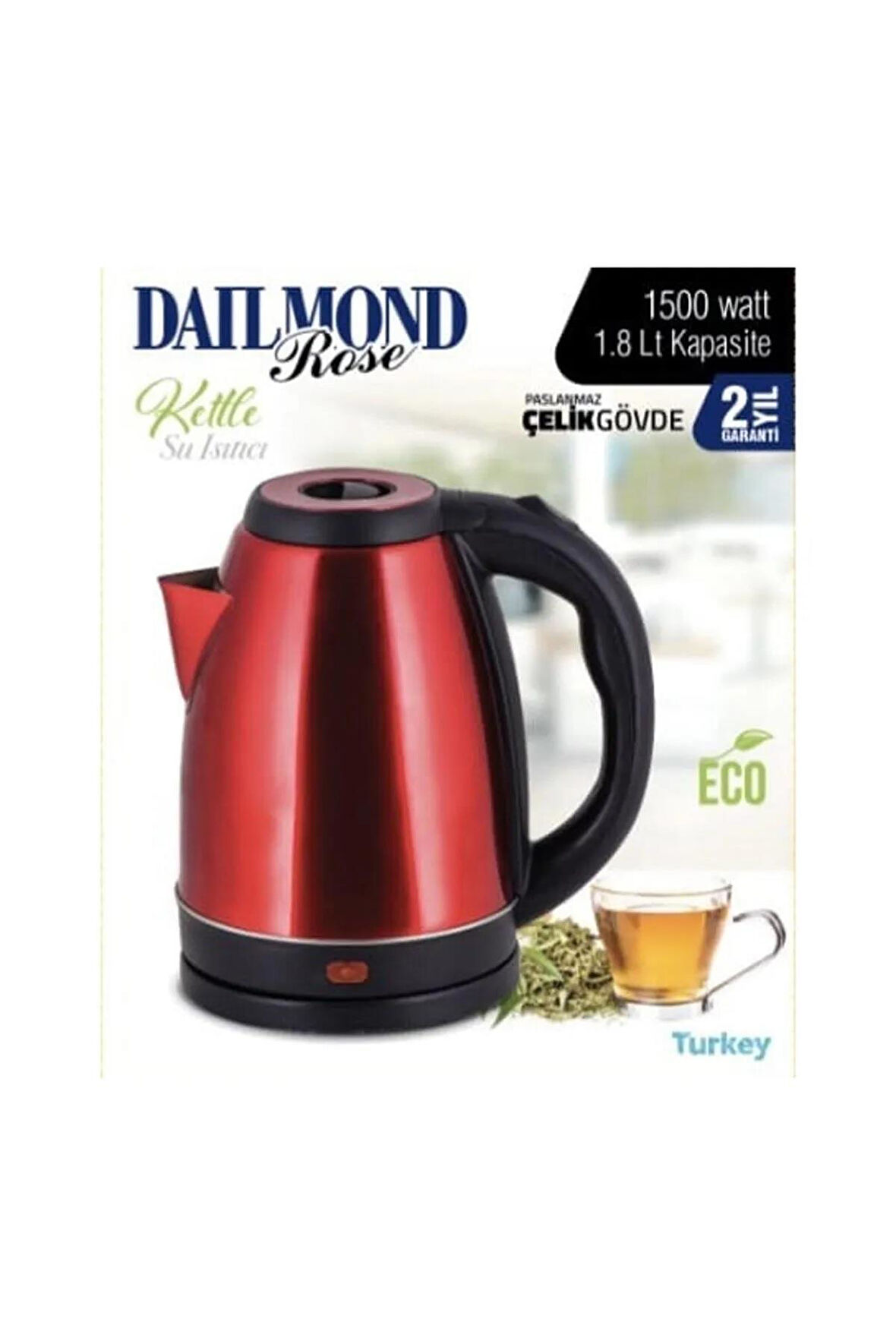 Dailmond 3002 KIRMIZI Paslanmaz Çelik Su Isıtıcı Kettle 1800 WATT 1,8 lt Gizli Rezistans 