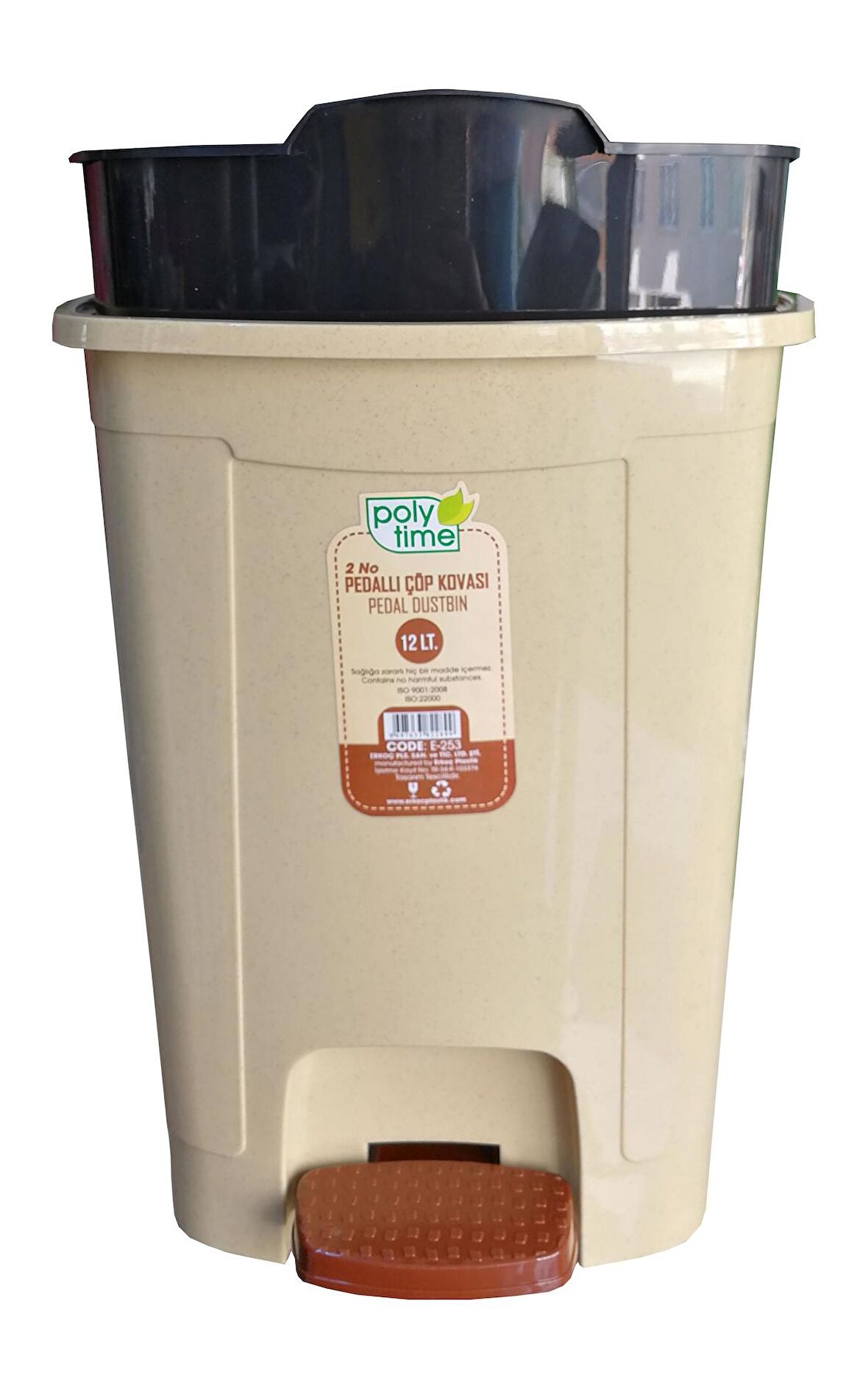 Poly Time Plastik Pedallı Basmalı 12 Litre Çöp Kovası Kutusu / Krem - 34x27x27 Cm.
