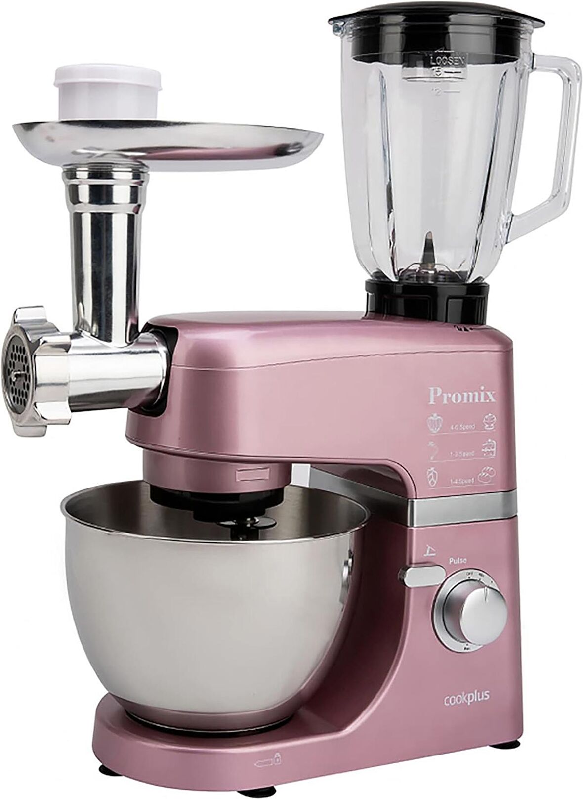 Karaca Cookplus Promix Mutfak Şefi, 4.3 Litre, Paslanmaz Çelik, Mikser, Hamur Yoğurucu, Blender, Gıda Öğütücü, Et Kıyma Makinesi, Pembe (OUTLET - TEŞHİR)