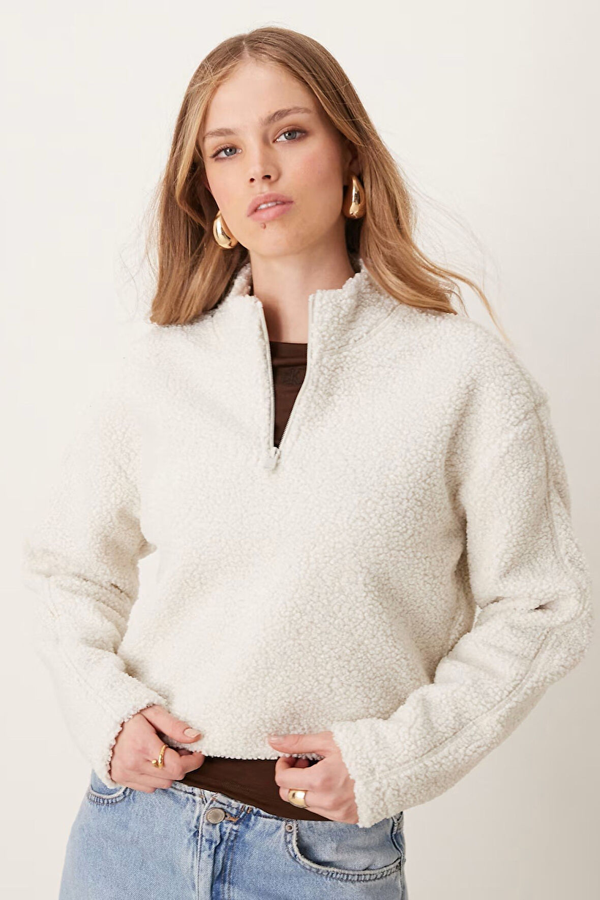 Calvin Klein Sport Sherpa Half Zip Sweatshirt Kadın Yarım Fermuar Rahat Kesim Crop Polar Sweatshirt Bej