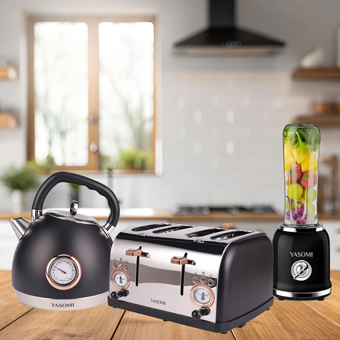 Yasomi Premium Kahvaltı Seti Su Isıtıcı Kettle + Smoothie Blender + Ekmek Kızartma Makinesi (siyah)