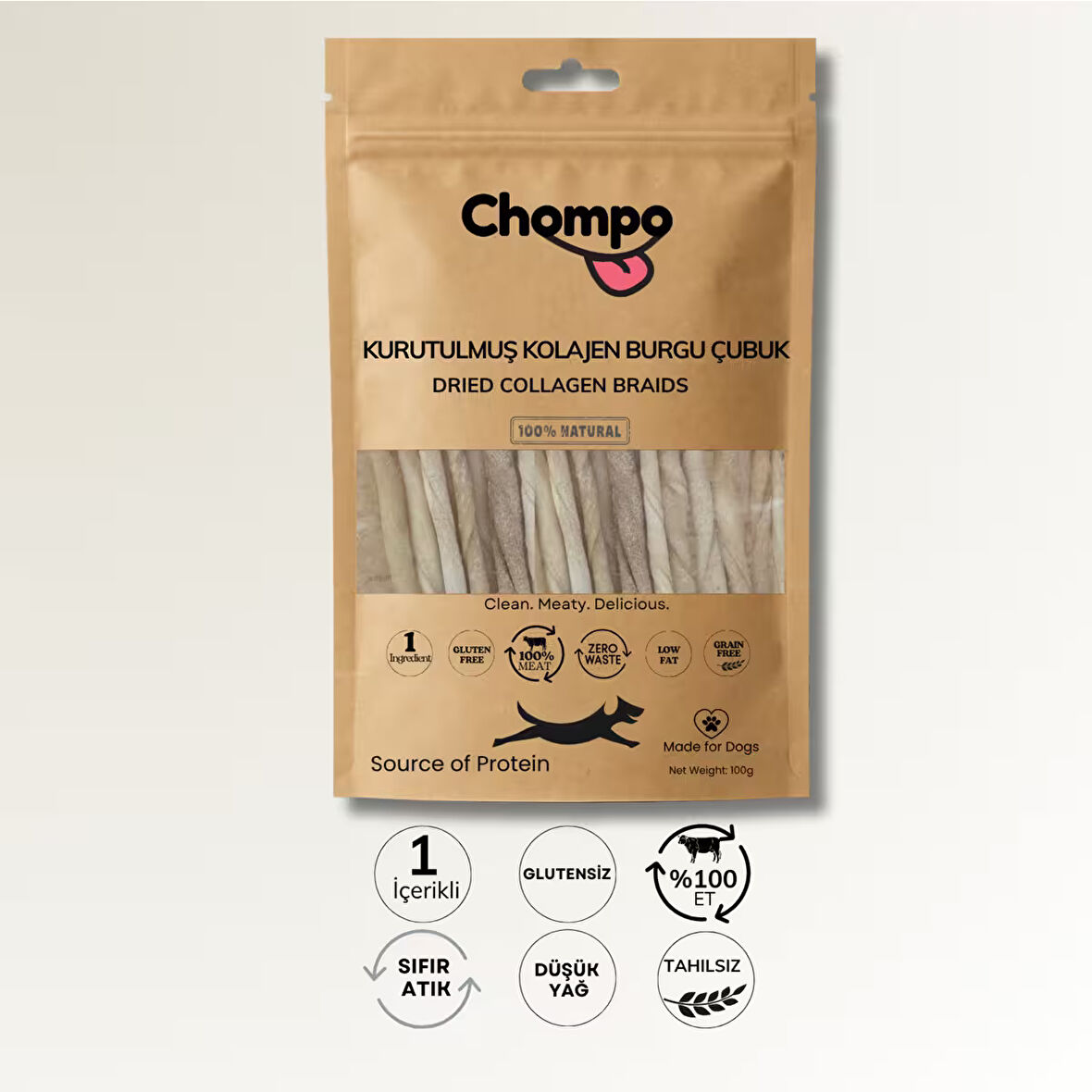 Chompo Kurutulmuş Kolajen Burgu Çubukları Köpek Ödülü 100 gr