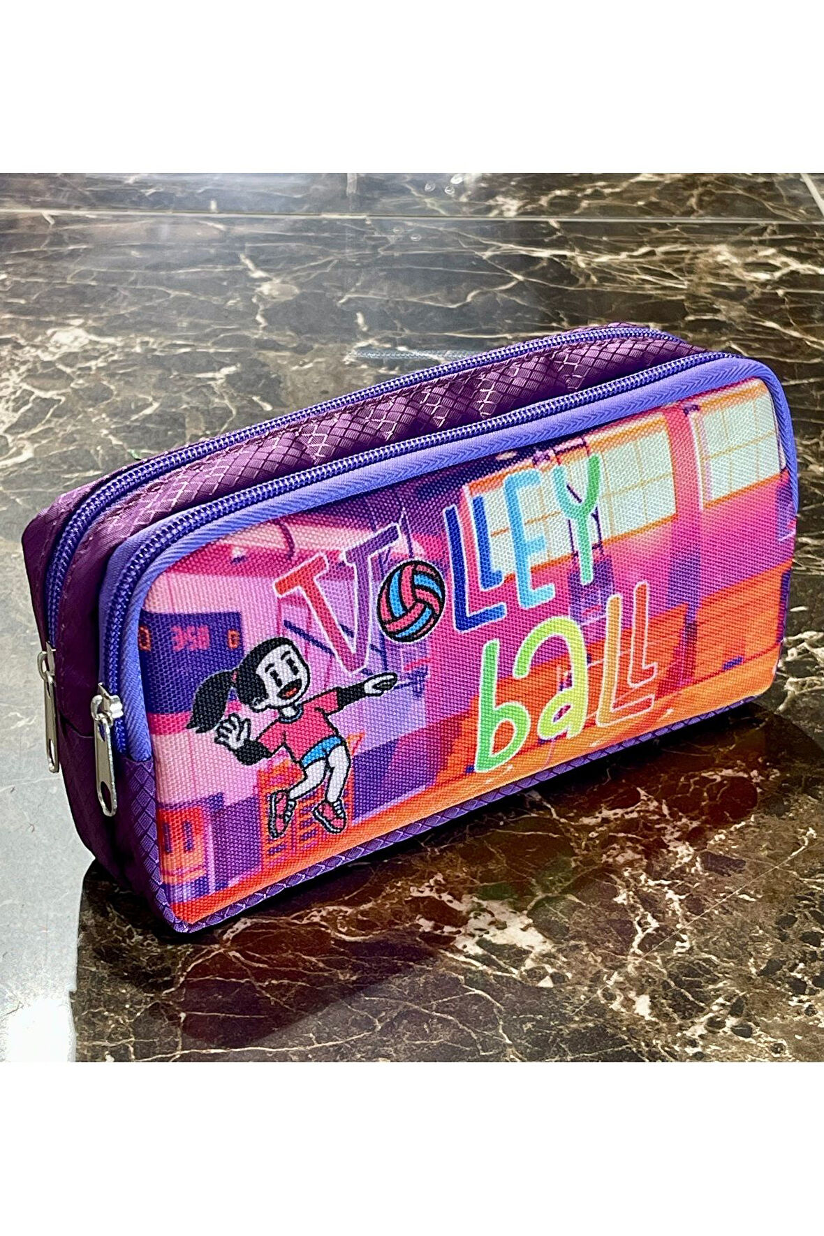 Volleybol Spor Desenli Iki Bölmeli Çocuk Okul Pembe Mor Renkli Kız Kalemlik Kalem Kutusu 21x11x 6cm