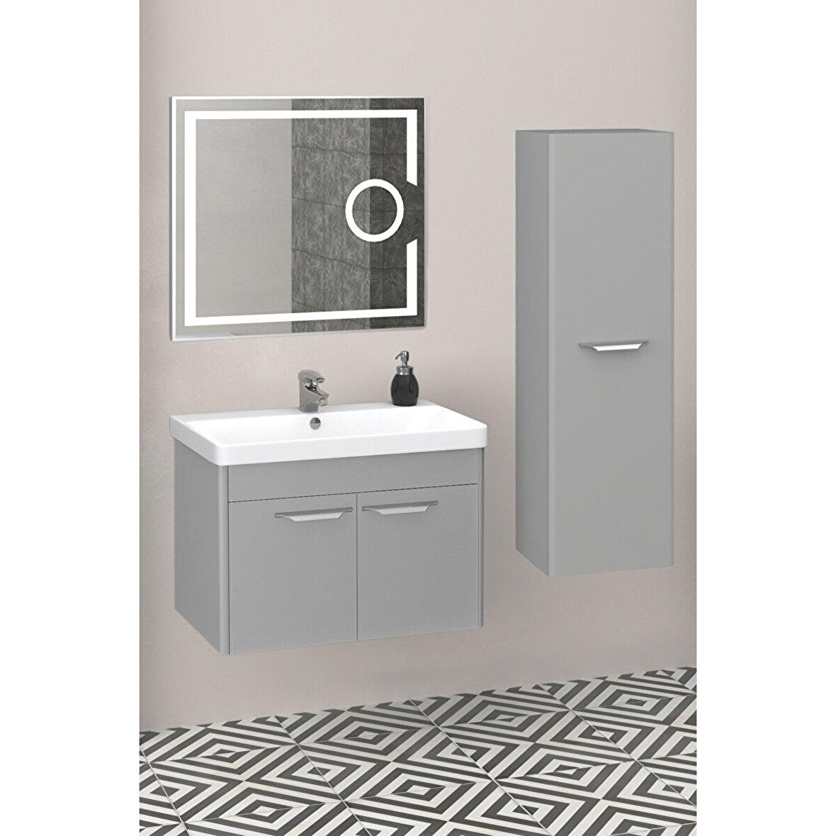 MARİA 80 CM BANYO DOLABI LED MERCEK AYNALI GRİ - BOY DOLAP DAHİL