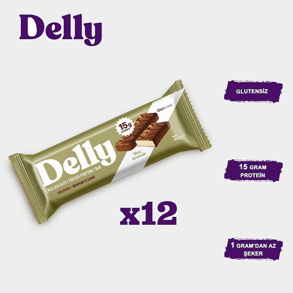 DELLY Çikolata Kaplı, Yüksek Proteinli Bar, Muz Aromalı 40g X 12 Adet