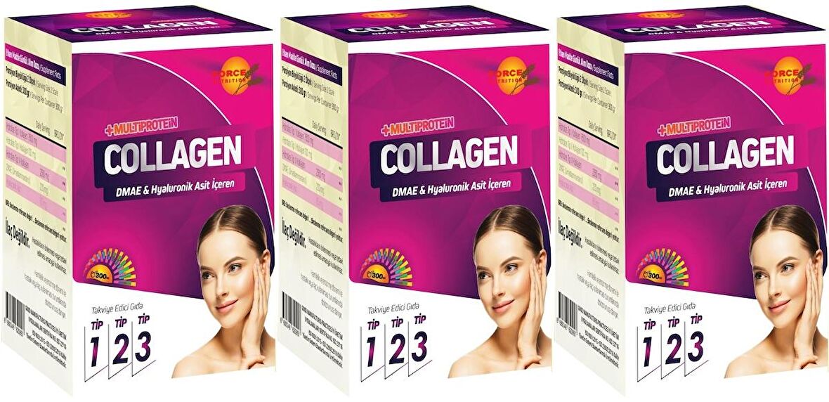 Powder Collagen 3x300 Gr Type 1-2-3 Dmae Hyarunonic Acid Toz Kolajen Tip 1-2-3