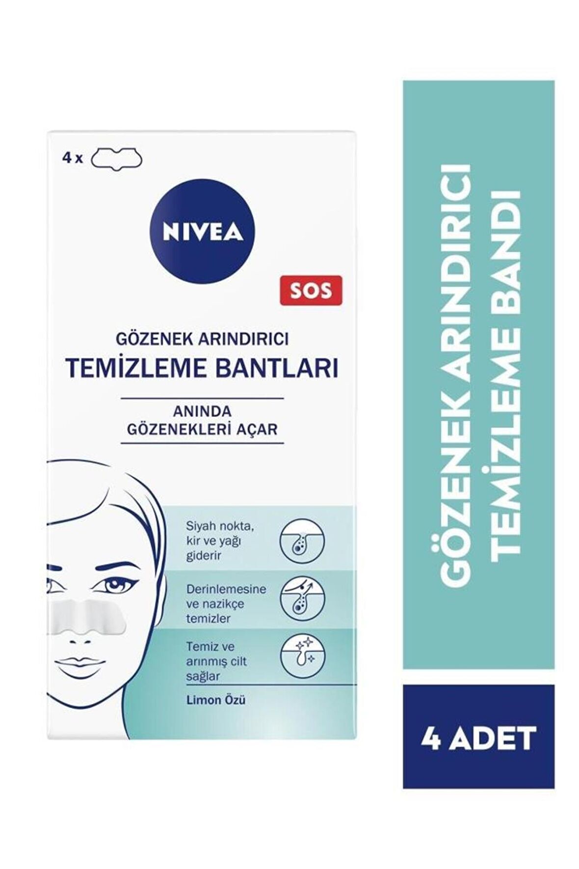 Nivea Siyah Nokta Temizleyici Burun T-bant, Gözenek Arındırıcı, Derinlemesine Temizlik, Limon Özü, 4adet